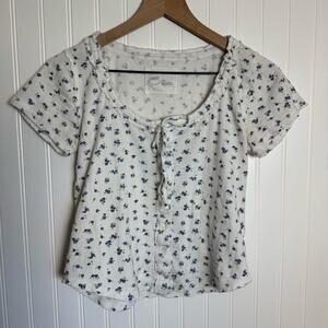 Aerie Floral Tie Front Button Down Short Sleeve Shirt 100% Cotton Women’s Size M